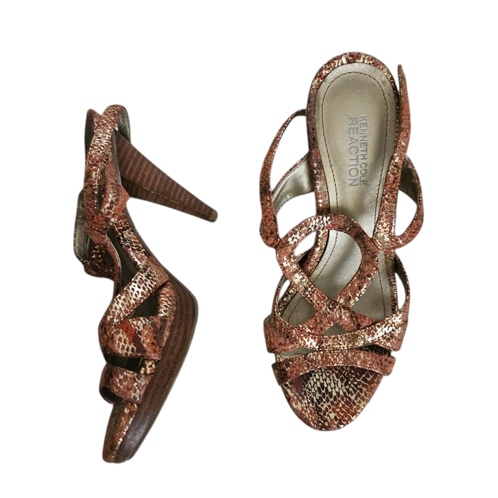 Kenneth Cole Reaction Platform Sandals Metallic Snakeskin Orange Gold Size 6M